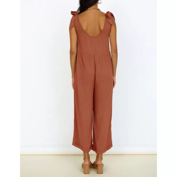 ZESICA Womens Summer Loose Sleeveless Jumpsuits Linen Adjustable Straps Oversized Wide Leg Long Overall Rompers with PocketsRust