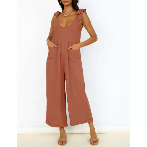 ZESICA Womens Summer Loose Sleeveless Jumpsuits Linen Adjustable Straps Oversized Wide Leg Long Overall Rompers with PocketsRust