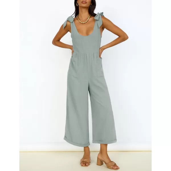 ZESICA Womens Summer Loose Sleeveless Jumpsuits Linen Adjustable Straps Oversized Wide Leg Long Overall Rompers with PocketsSage
