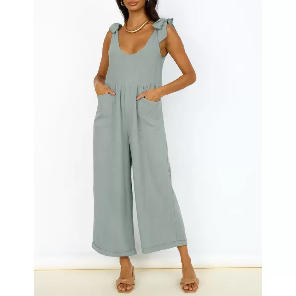 ZESICA Womens Summer Loose Sleeveless Jumpsuits Linen Adjustable Straps Oversized Wide Leg Long Overall Rompers with PocketsSage