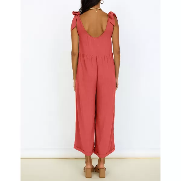ZESICA Womens Summer Loose Sleeveless Jumpsuits Linen Adjustable Straps Oversized Wide Leg Long Overall Rompers with PocketsWatermelon