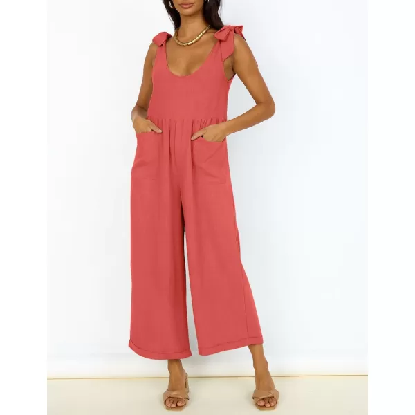 ZESICA Womens Summer Loose Sleeveless Jumpsuits Linen Adjustable Straps Oversized Wide Leg Long Overall Rompers with PocketsWatermelon