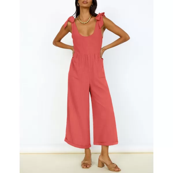 ZESICA Womens Summer Loose Sleeveless Jumpsuits Linen Adjustable Straps Oversized Wide Leg Long Overall Rompers with PocketsWatermelon