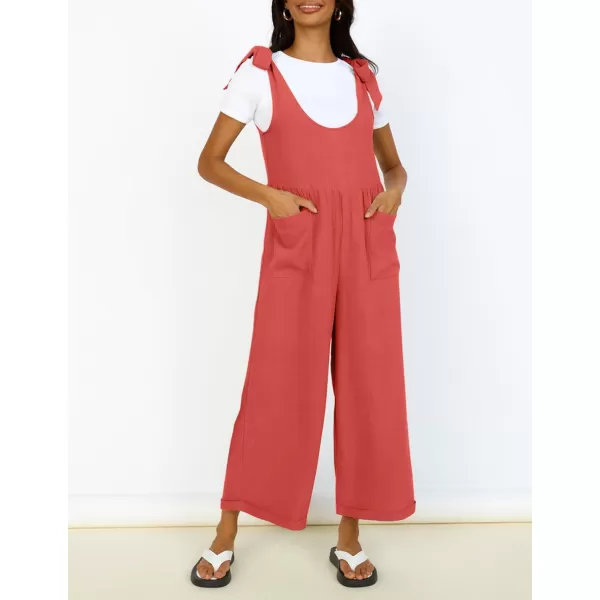 ZESICA Womens Summer Loose Sleeveless Jumpsuits Linen Adjustable Straps Oversized Wide Leg Long Overall Rompers with PocketsWatermelon