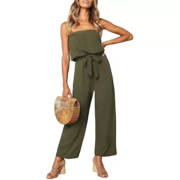 ZESICA Womens 2024 Casual Off Shoulder Solid Color Strapless Belted Wide Leg Jumpsuit RomperArmy Green