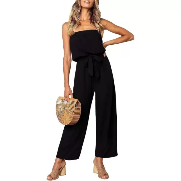 ZESICA Womens 2024 Casual Off Shoulder Solid Color Strapless Belted Wide Leg Jumpsuit RomperBlack