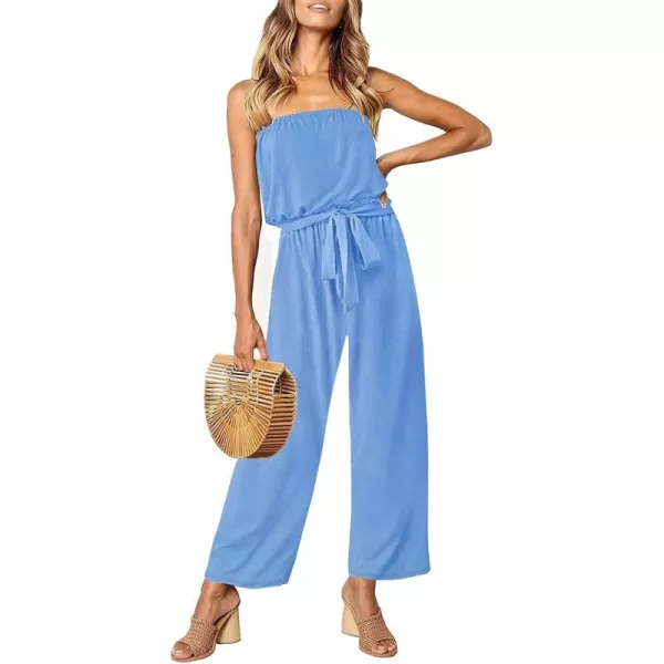 ZESICA Womens 2024 Casual Off Shoulder Solid Color Strapless Belted Wide Leg Jumpsuit RomperBlue