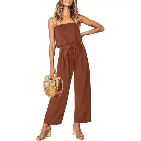 ZESICA Womens 2024 Casual Off Shoulder Solid Color Strapless Belted Wide Leg Jumpsuit RomperCaramel