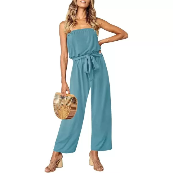 ZESICA Womens 2024 Casual Off Shoulder Solid Color Strapless Belted Wide Leg Jumpsuit RomperSage
