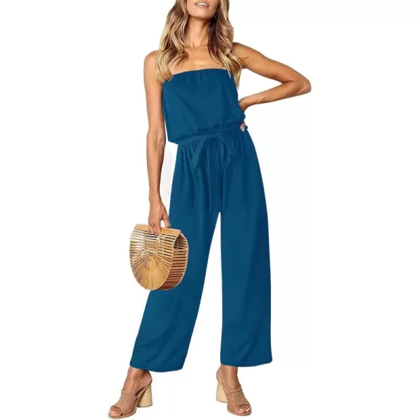 ZESICA Womens 2024 Casual Off Shoulder Solid Color Strapless Belted Wide Leg Jumpsuit RomperTeal