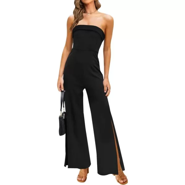 ZESICA Womens 2024 Strapless Jumpsuit Casual Off Shoulder High Waist Wide Leg Side Slit Long Romper Playsuits with PocketsBlack