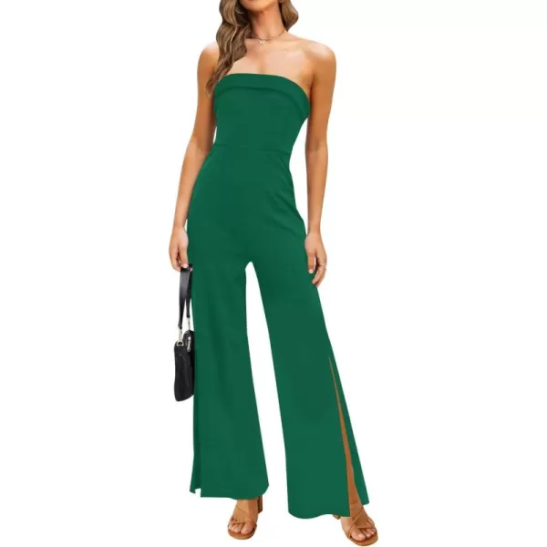ZESICA Womens 2024 Strapless Jumpsuit Casual Off Shoulder High Waist Wide Leg Side Slit Long Romper Playsuits with PocketsDarkgreen