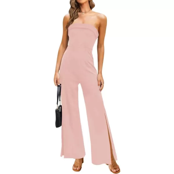 ZESICA Womens 2024 Strapless Jumpsuit Casual Off Shoulder High Waist Wide Leg Side Slit Long Romper Playsuits with PocketsDustypink