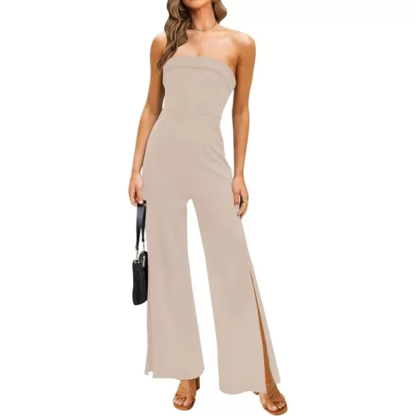 ZESICA Womens 2024 Strapless Jumpsuit Casual Off Shoulder High Waist Wide Leg Side Slit Long Romper Playsuits with PocketsGreyapricot