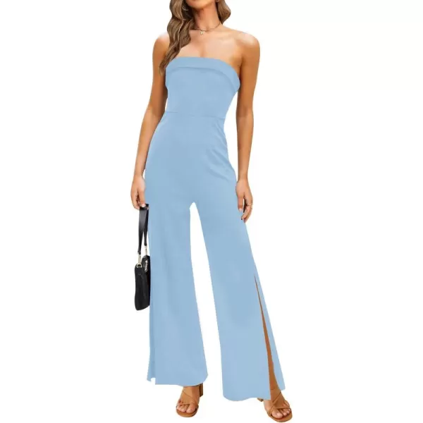 ZESICA Womens 2024 Strapless Jumpsuit Casual Off Shoulder High Waist Wide Leg Side Slit Long Romper Playsuits with PocketsLightblue
