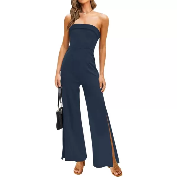 ZESICA Womens 2024 Strapless Jumpsuit Casual Off Shoulder High Waist Wide Leg Side Slit Long Romper Playsuits with PocketsNavy