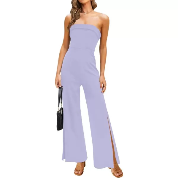 ZESICA Womens 2024 Strapless Jumpsuit Casual Off Shoulder High Waist Wide Leg Side Slit Long Romper Playsuits with PocketsPurple