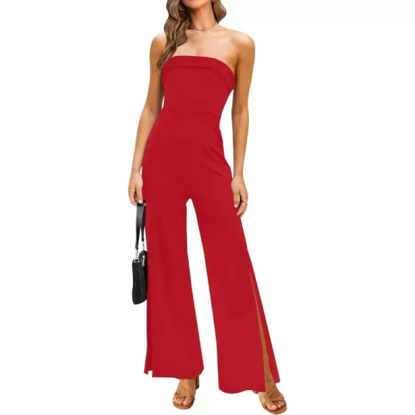 ZESICA Womens 2024 Strapless Jumpsuit Casual Off Shoulder High Waist Wide Leg Side Slit Long Romper Playsuits with PocketsRed