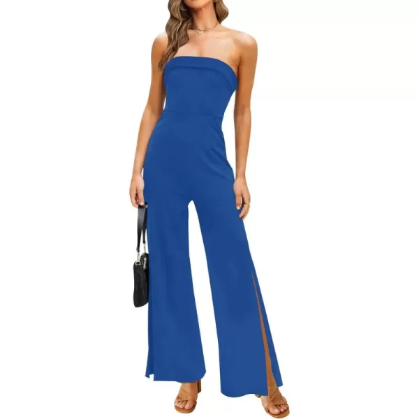 ZESICA Womens 2024 Strapless Jumpsuit Casual Off Shoulder High Waist Wide Leg Side Slit Long Romper Playsuits with PocketsRoyalblue