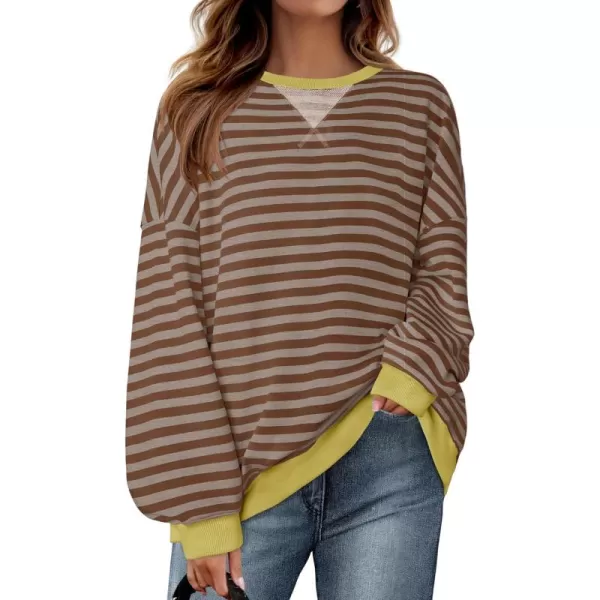 ZESICA Womens Casual Striped Pullover Tops Long Sleeve Shirts Crewneck Oversized Sweatshirts 2024 Fall ClothesBrown