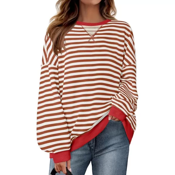 ZESICA Womens Casual Striped Pullover Tops Long Sleeve Shirts Crewneck Oversized Sweatshirts 2024 Fall ClothesCaramel