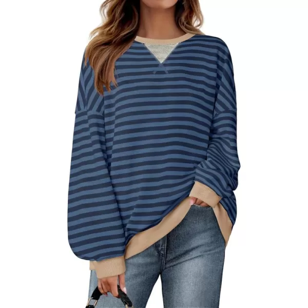 ZESICA Womens Casual Striped Pullover Tops Long Sleeve Shirts Crewneck Oversized Sweatshirts 2024 Fall ClothesDark Blue