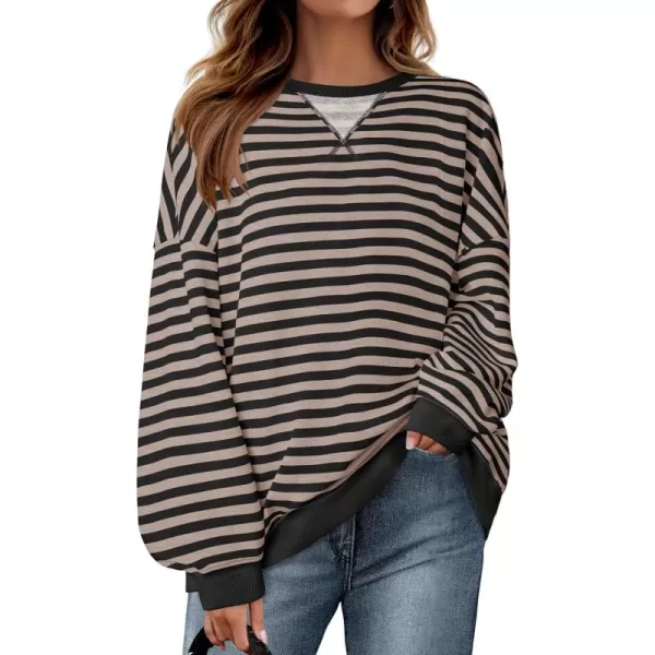 ZESICA Womens Casual Striped Pullover Tops Long Sleeve Shirts Crewneck Oversized Sweatshirts 2024 Fall ClothesDarkblack