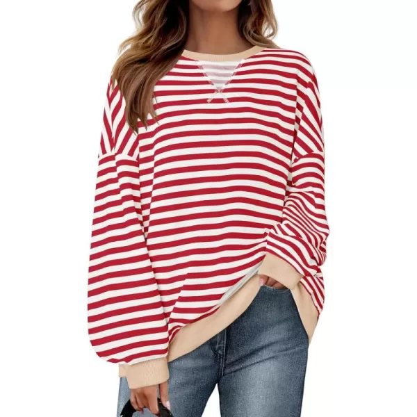 ZESICA Womens Casual Striped Pullover Tops Long Sleeve Shirts Crewneck Oversized Sweatshirts 2024 Fall ClothesDarkred