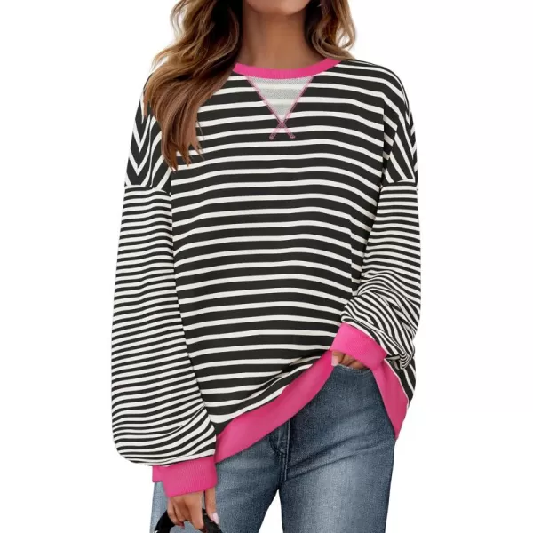 ZESICA Womens Casual Striped Pullover Tops Long Sleeve Shirts Crewneck Oversized Sweatshirts 2024 Fall ClothesEbony