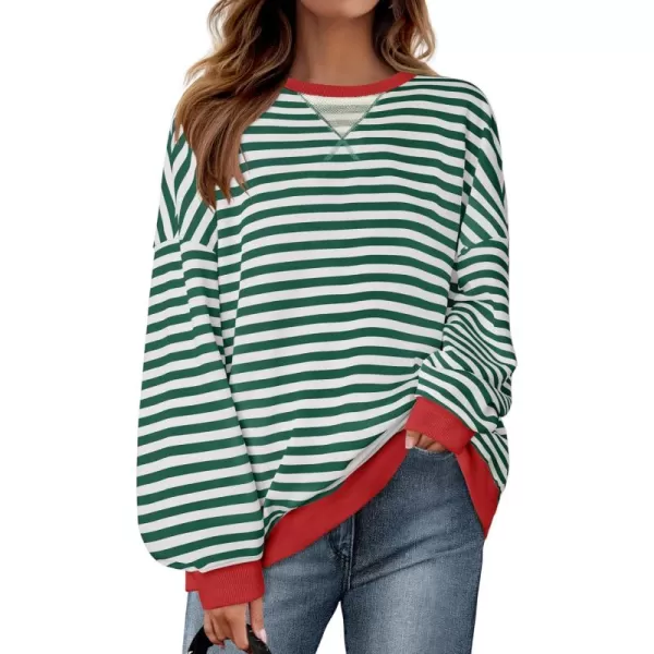ZESICA Womens Casual Striped Pullover Tops Long Sleeve Shirts Crewneck Oversized Sweatshirts 2024 Fall ClothesGreen
