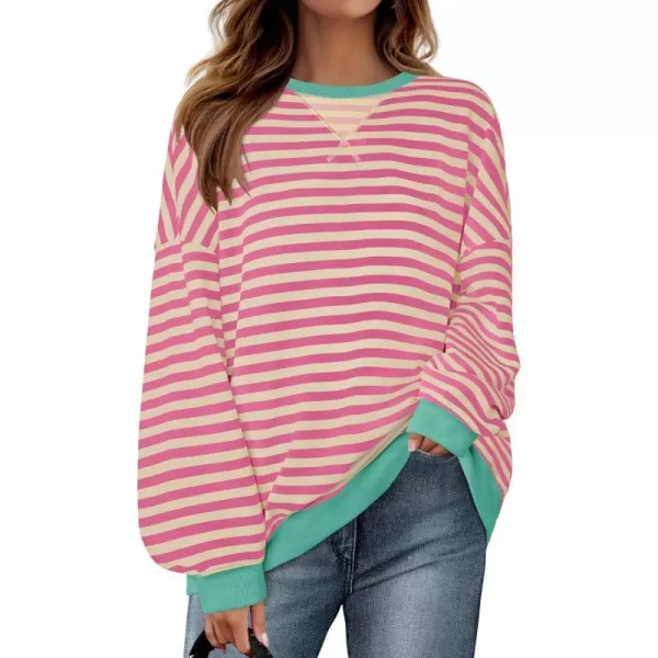 ZESICA Womens Casual Striped Pullover Tops Long Sleeve Shirts Crewneck Oversized Sweatshirts 2024 Fall ClothesPink