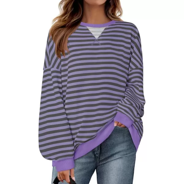 ZESICA Womens Casual Striped Pullover Tops Long Sleeve Shirts Crewneck Oversized Sweatshirts 2024 Fall ClothesPurple