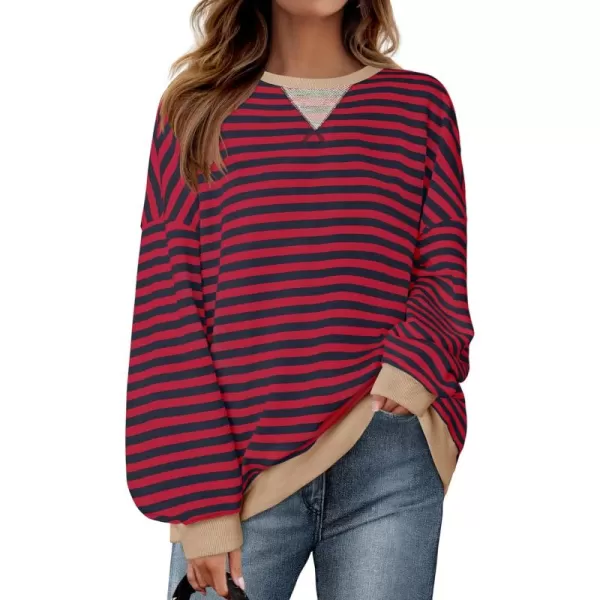 ZESICA Womens Casual Striped Pullover Tops Long Sleeve Shirts Crewneck Oversized Sweatshirts 2024 Fall ClothesRed