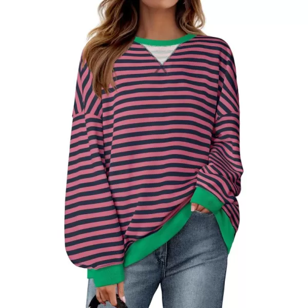 ZESICA Womens Casual Striped Pullover Tops Long Sleeve Shirts Crewneck Oversized Sweatshirts 2024 Fall ClothesRosepink