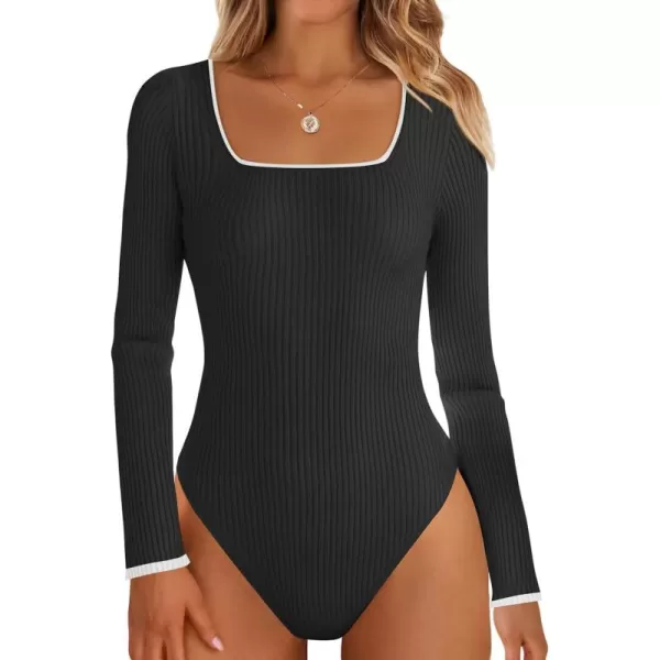ZESICA Womens Long Sleeve Square Neck Bodysuits 2024 Fall Ribbed Color Block Slim Fitted Knit Basic Body Suit TopsBlack