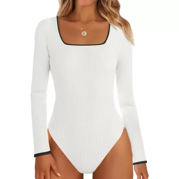 ZESICA Womens Long Sleeve Square Neck Bodysuits 2024 Fall Ribbed Color Block Slim Fitted Knit Basic Body Suit TopsWhite