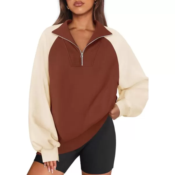 ZESICA Womens Oversized Sweatshirts 2024 Half Zip Long Sleeve Pullover Tops Fall Fashion Color Block ClothesBrown