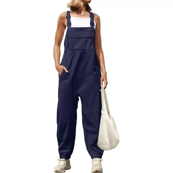 ZESICA Womens Sleeveless Overalls Jumpsuit Casual Loose Adjustable Straps Bib Long Pant Jumpsuits with PocketsNavy