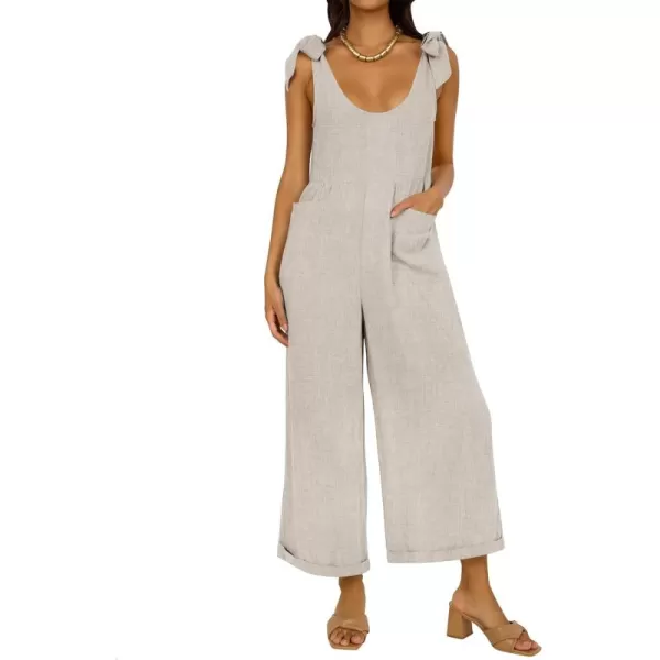 ZESICA Womens Summer Loose Sleeveless Jumpsuits Linen Adjustable Straps Oversized Wide Leg Long Overall Rompers with PocketsApricot