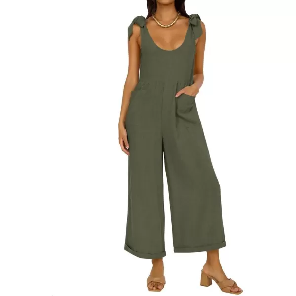 ZESICA Womens Summer Loose Sleeveless Jumpsuits Linen Adjustable Straps Oversized Wide Leg Long Overall Rompers with PocketsArmy Green