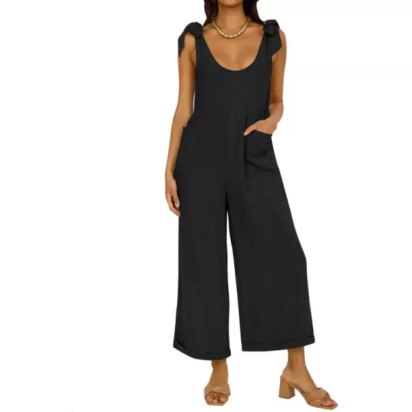 ZESICA Womens Summer Loose Sleeveless Jumpsuits Linen Adjustable Straps Oversized Wide Leg Long Overall Rompers with PocketsBlack