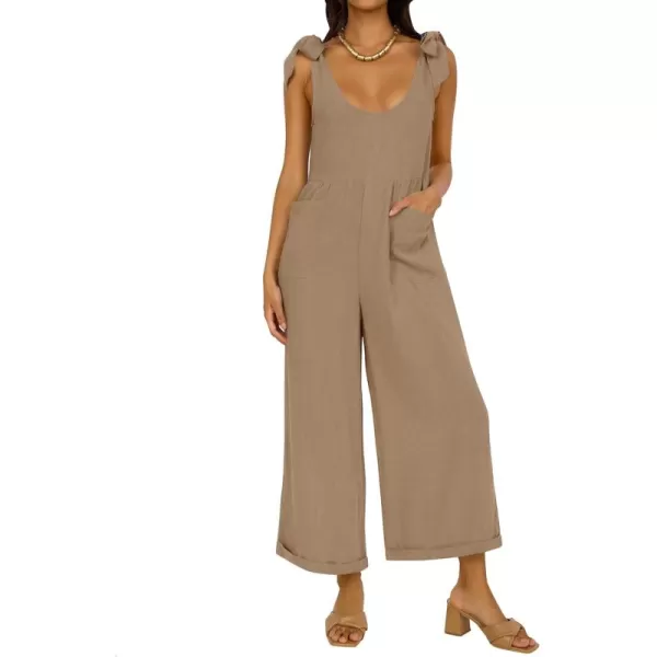 ZESICA Womens Summer Loose Sleeveless Jumpsuits Linen Adjustable Straps Oversized Wide Leg Long Overall Rompers with PocketsKhaki