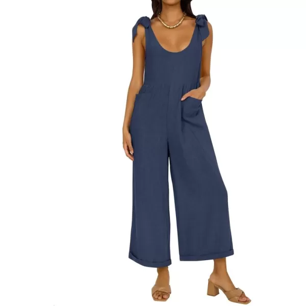ZESICA Womens Summer Loose Sleeveless Jumpsuits Linen Adjustable Straps Oversized Wide Leg Long Overall Rompers with PocketsNavy
