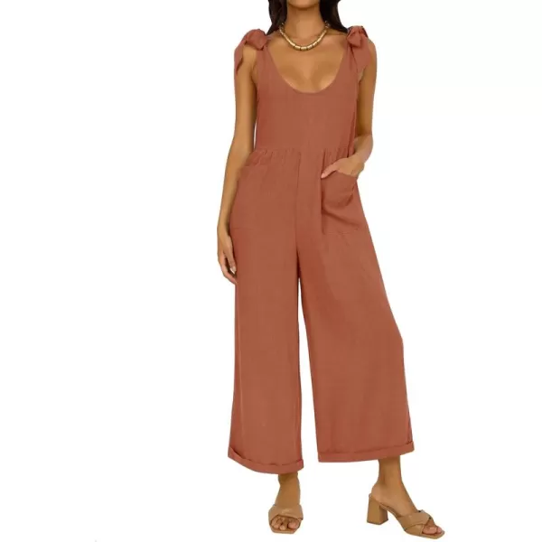 ZESICA Womens Summer Loose Sleeveless Jumpsuits Linen Adjustable Straps Oversized Wide Leg Long Overall Rompers with PocketsRust