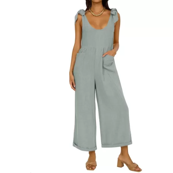 ZESICA Womens Summer Loose Sleeveless Jumpsuits Linen Adjustable Straps Oversized Wide Leg Long Overall Rompers with PocketsSage
