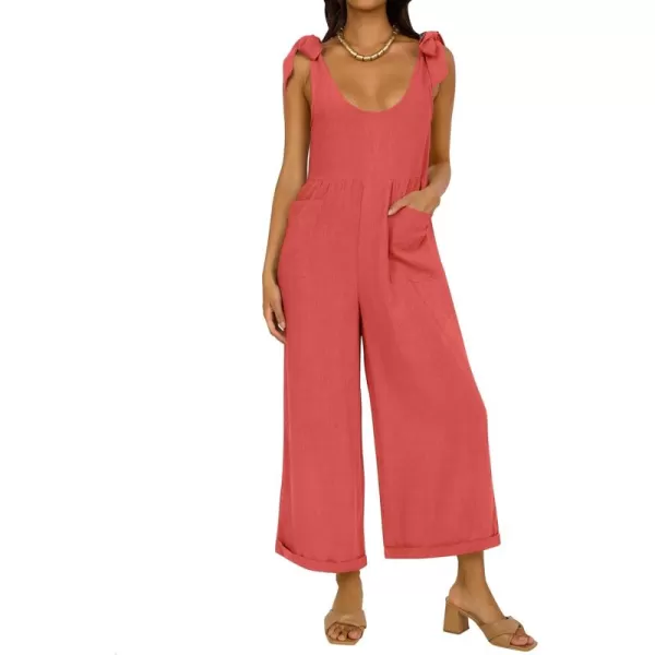 ZESICA Womens Summer Loose Sleeveless Jumpsuits Linen Adjustable Straps Oversized Wide Leg Long Overall Rompers with PocketsWatermelon