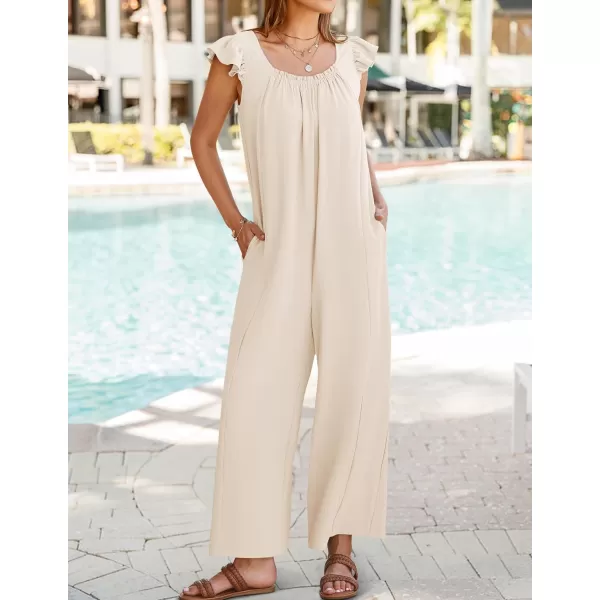 ZESICA Womens 2024 Summer Loose Jumpsuit Casual V Neck Sleeveless Oversized Wide Leg Pant Overalls Romper with PocketsApricot