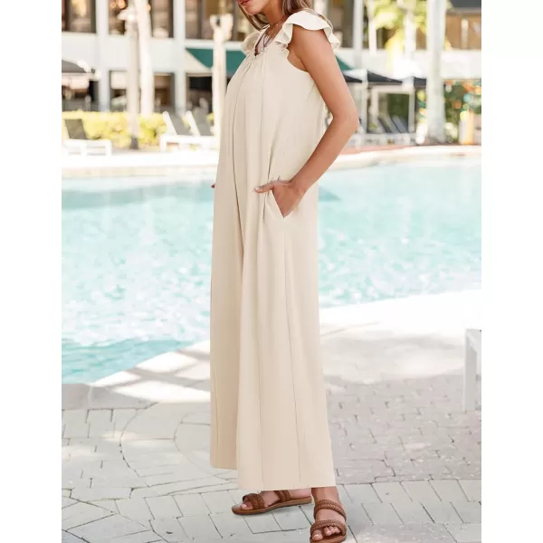 ZESICA Womens 2024 Summer Loose Jumpsuit Casual V Neck Sleeveless Oversized Wide Leg Pant Overalls Romper with PocketsApricot