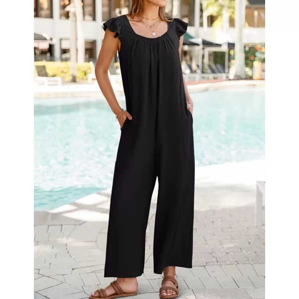 ZESICA Womens 2024 Summer Loose Jumpsuit Casual V Neck Sleeveless Oversized Wide Leg Pant Overalls Romper with PocketsBlack