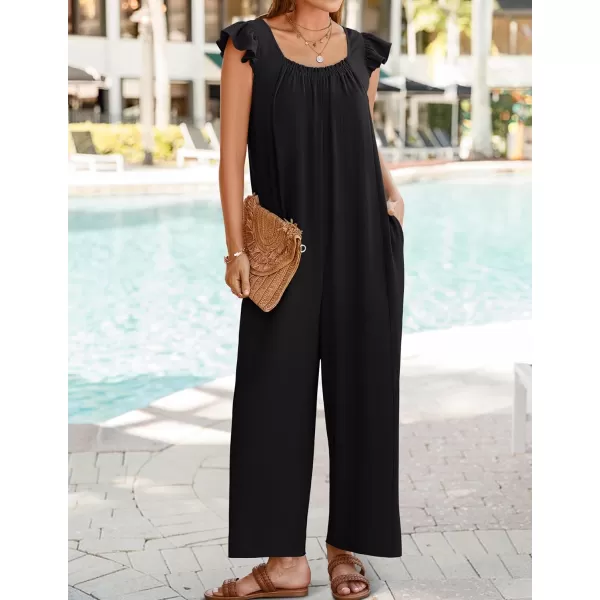 ZESICA Womens 2024 Summer Loose Jumpsuit Casual V Neck Sleeveless Oversized Wide Leg Pant Overalls Romper with PocketsBlack